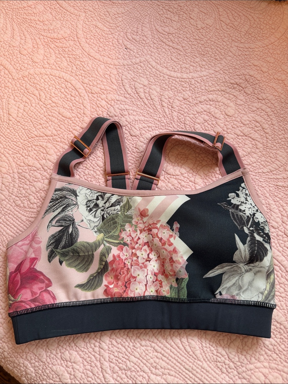 Ted Baker London Floral High-Neck Sports Bra in Pink and Black